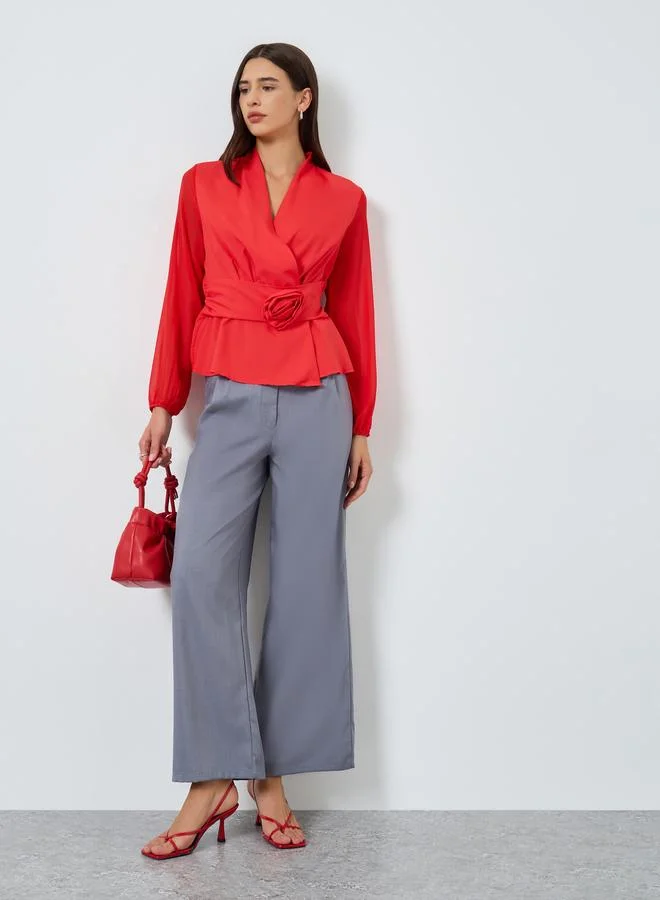 Take Two Solid Belted Flower Detail Balloon Sleeve Top