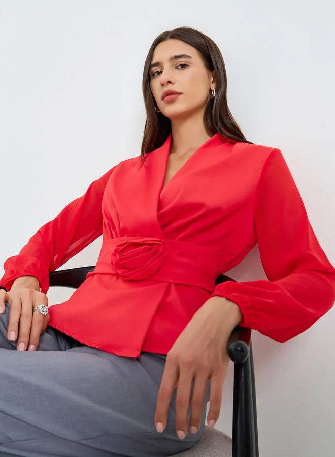 Take Two Solid Belted Flower Detail Balloon Sleeve Top