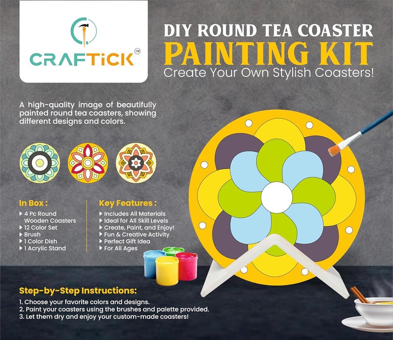 CRAFTICK ®- DIY Wooden Tea Coaster Kit for Boys & Girls (Age 9-15) – Fun Craft Gift | Kids Art & Painting Set | Return Gift Ideas (Round Tea Coaster) - Image 3