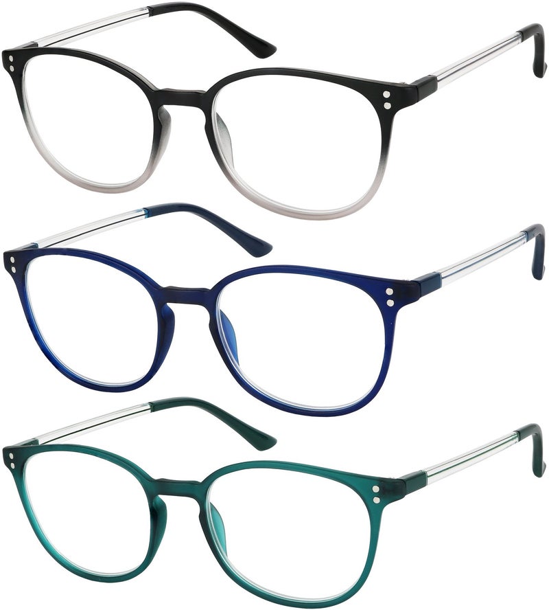 Success Eyewear Reading Glasses 3 Pair Stylish Color Readers Fashion Glasses for Reading Men Women Set of Black Navy and Green 15