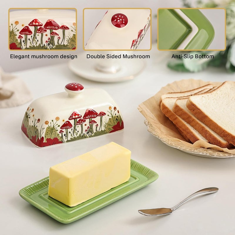Fungi Fun Mushroom Butter Dish With Lid – Cute Cottagecore Ceramic Storage Container, Vintage French Covered Tray, Boho Farmhouse Kitchen Decor Gift, Unique Countertop Holder (White, Standard) - Image 3