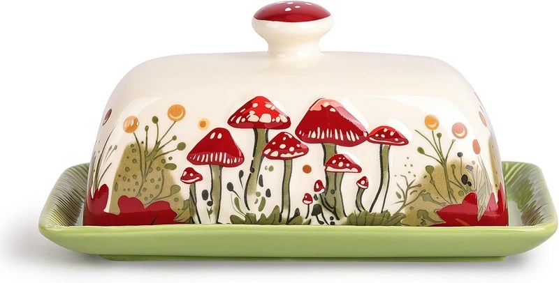 Fungi Fun Mushroom Butter Dish With Lid – Cute Cottagecore Ceramic Storage Container, Vintage French Covered Tray, Boho Farmhouse Kitchen Decor Gift, Unique Countertop Holder (White, Standard) - Image 1