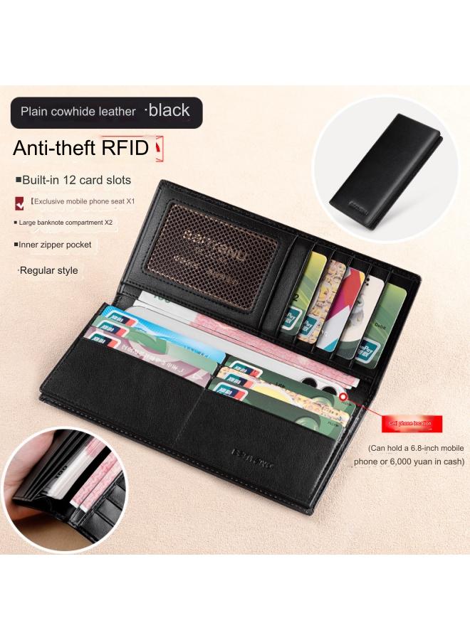 بانيانو محفظة رجالية طويلة من الجلد الطبيعي رفيعة للغاية ومضادة للسرقة مع سحاب ومحفظة من جلد البقر باللون الأسود العادي - طراز عادي (فرشاة مضادة للسرقة) - Image 2