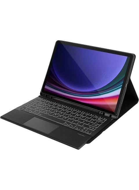 Touch Case with Keyboard for Samsung Galaxy Tab S9 FE Plus 12.4", Arabic and English - Multi-Touch Trackpad -Detachable Wireless-Pen Holder Tablet Keyboard Case for Samsung Tab S9 FE+ Black