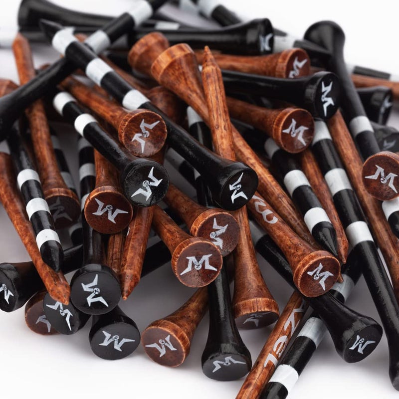 MAZEL Natural Wood/Bamboo Golf Tees 2 3/4 Inch & 3 1/4 Inch,Pack 50 or 120,Reduce Friction & Side Spin,More Stable Golf Tees (50 Pack(25 * 2-3/4"+25 * 3-1/4"),Black &Brown) - Image 1