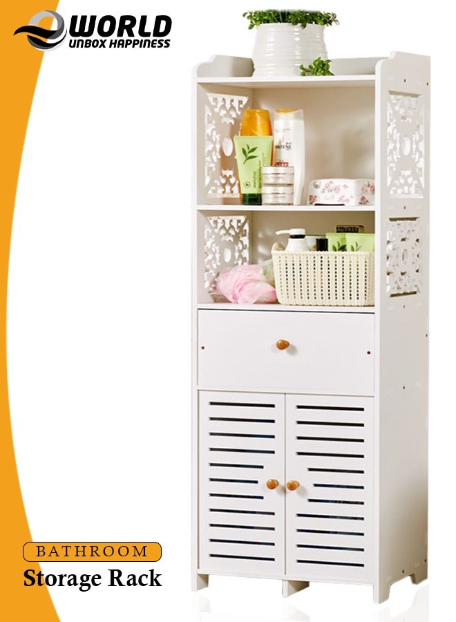 إي وورلد منظم خزانة أرضية من PVC أبيض مقاوم للماء، حل تخزين أنيق مزود برفوف، درج، حامل مناديل، وباب للاستخدام في الحمام، المطبخ، غرفة المعيشة أو غرفة النوم. - Image 1