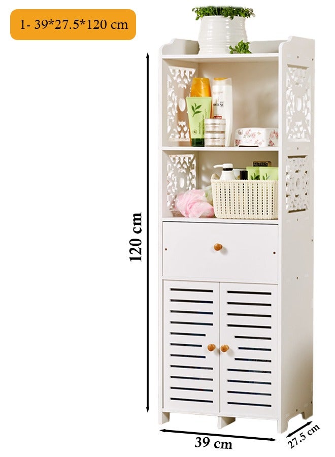 إي وورلد منظم خزانة أرضية من PVC أبيض مقاوم للماء، حل تخزين أنيق مزود برفوف، درج، حامل مناديل، وباب للاستخدام في الحمام، المطبخ، غرفة المعيشة أو غرفة النوم. - Image 2