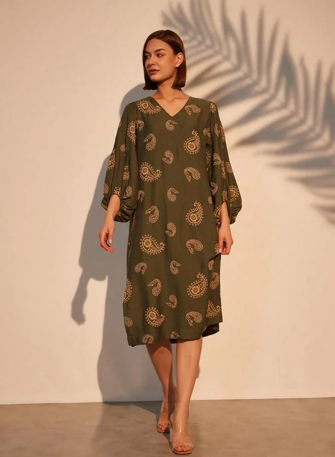 Take Two Take Two Paisley Print Midi Dress with Volume Sleeves