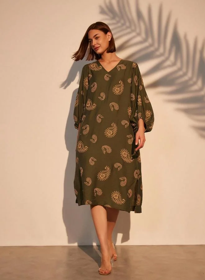 Take Two Take Two Paisley Print Midi Dress with Volume Sleeves