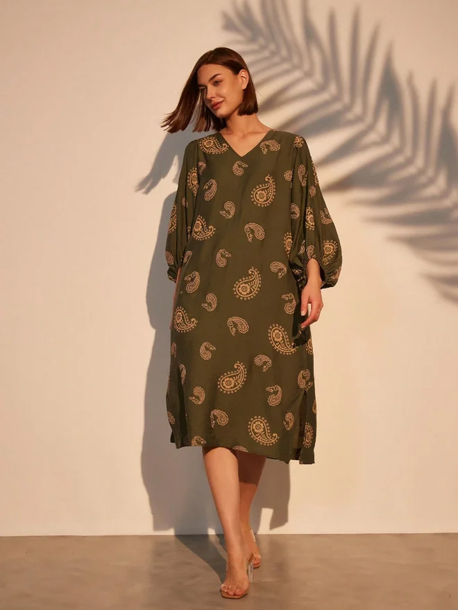 Take Two Take Two Paisley Print Midi Dress with Volume Sleeves