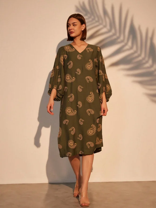 Take Two Take Two Paisley Print Midi Dress with Volume Sleeves