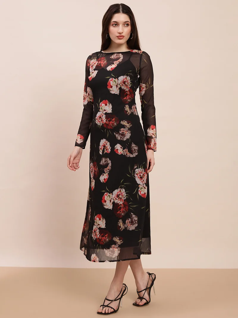 جلو باص فستان سهرة نسائي أسود بياقة قارب وأكمام طويلة وطبعة زهور شبه شفاف بقصة -