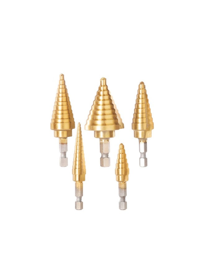 TOTAL 5Pcs Step Drill Bit Set HSS 4341 Titanium Coated 1/4 Inch Hex Shank 4-12mm 6-18mm 4-22mm 6-35mm Cone Drill Bits for Metal Plastic Wood Hole Cutting Kit with Storage Case - Image 1
