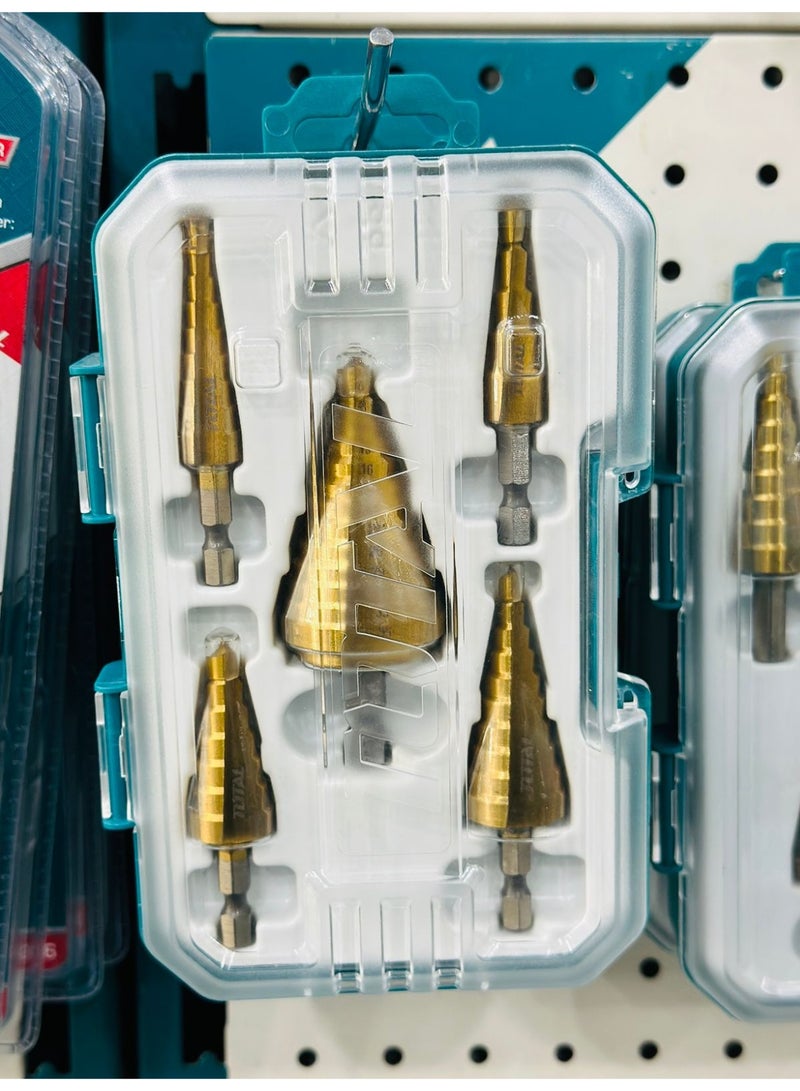 TOTAL 5Pcs Step Drill Bit Set HSS 4341 Titanium Coated 1/4 Inch Hex Shank 4-12mm 6-18mm 4-22mm 6-35mm Cone Drill Bits for Metal Plastic Wood Hole Cutting Kit with Storage Case - Image 5