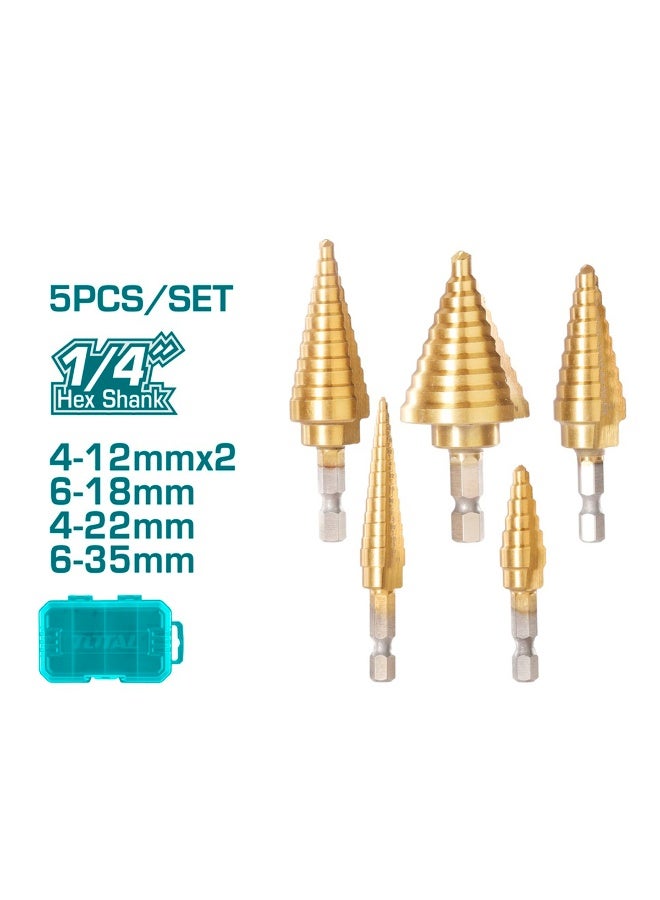 TOTAL 5Pcs Step Drill Bit Set HSS 4341 Titanium Coated 1/4 Inch Hex Shank 4-12mm 6-18mm 4-22mm 6-35mm Cone Drill Bits for Metal Plastic Wood Hole Cutting Kit with Storage Case - Image 2