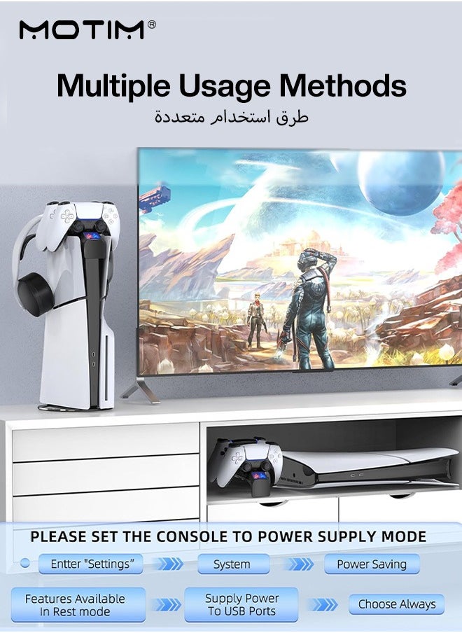 Motim - PS5 Slim Console DualSense Charging Dock with Headset Stand, PS 5 Slim Dual Sense Charging Station with LED Light and Fast Charging Cord, PS 5 Slim Controller Charger - Image 1