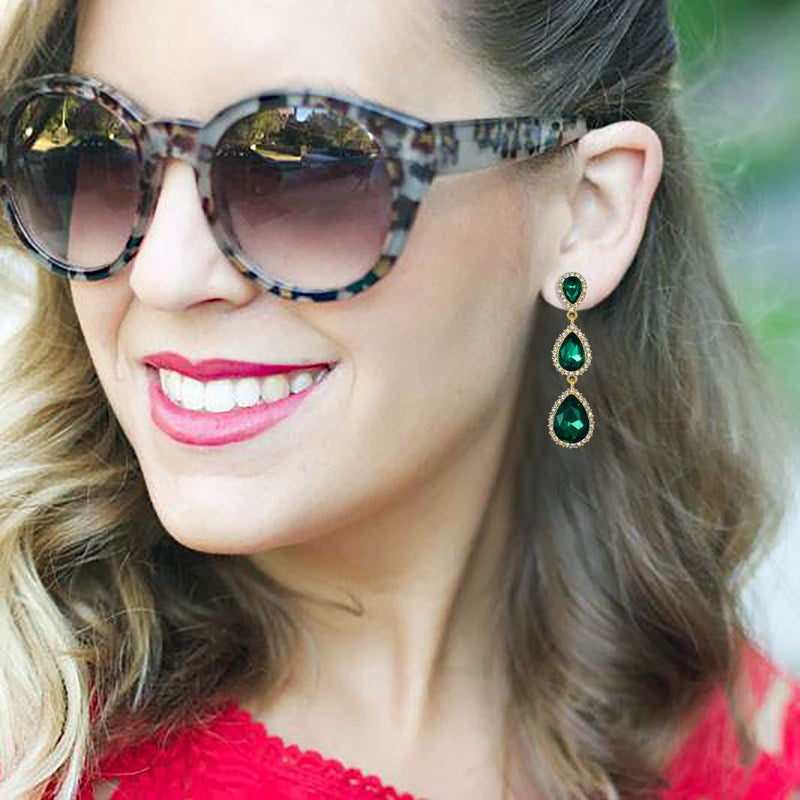 EleQueen Women's Gold-tone Austrian Crystal Teardrop Pear Shape 2.5 Inch Long Dangle Earrings Emerald Color - Image 3