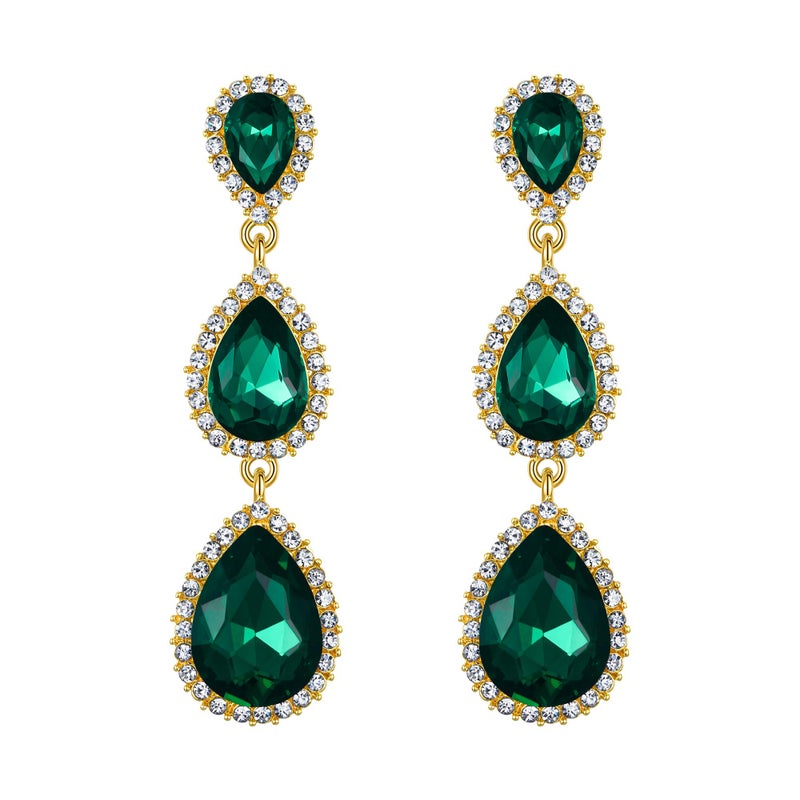 EleQueen Women's Gold-tone Austrian Crystal Teardrop Pear Shape 2.5 Inch Long Dangle Earrings Emerald Color - Image 1