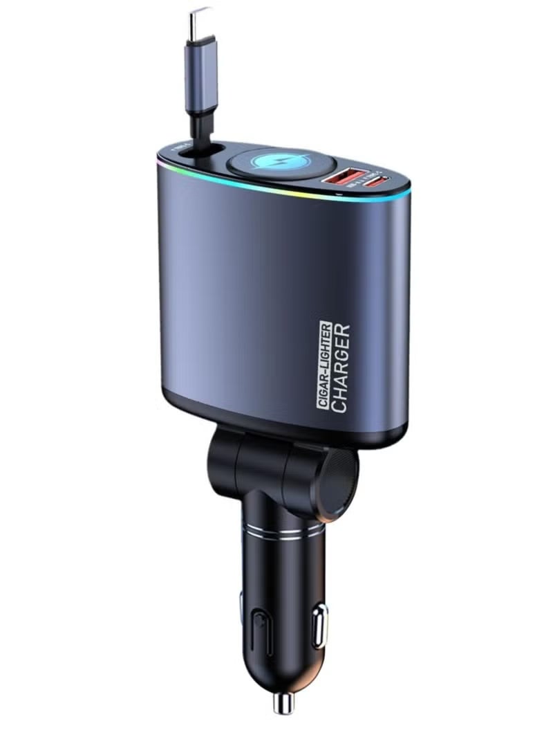 محول شحن سريع للسيارة مزود بكابل قابل للسحب ومنفذ USB مناسب للهواتف والأجهزة المحمولة - Image 1