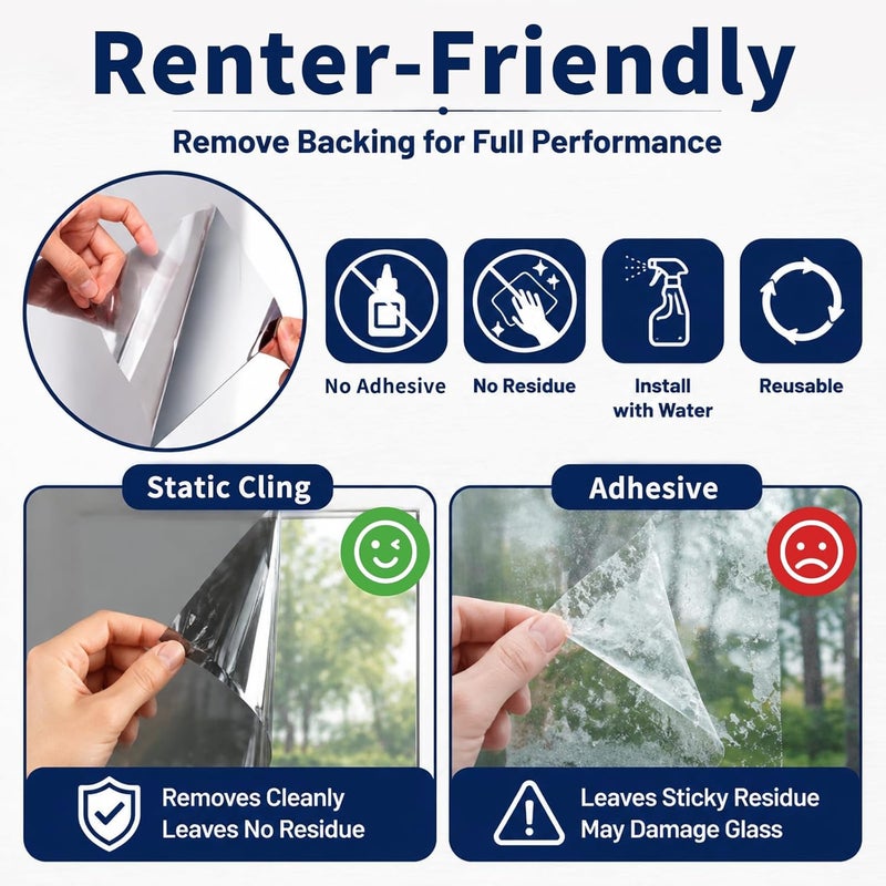 WPCTEV One Way Window Film Daytime Privacy Static Cling Self Adhesive House Film Glass Window Tint Heat Control Mirror Film Black & Silver 6 Mil 17.5 Inch x 16.4 Feet - Image 5