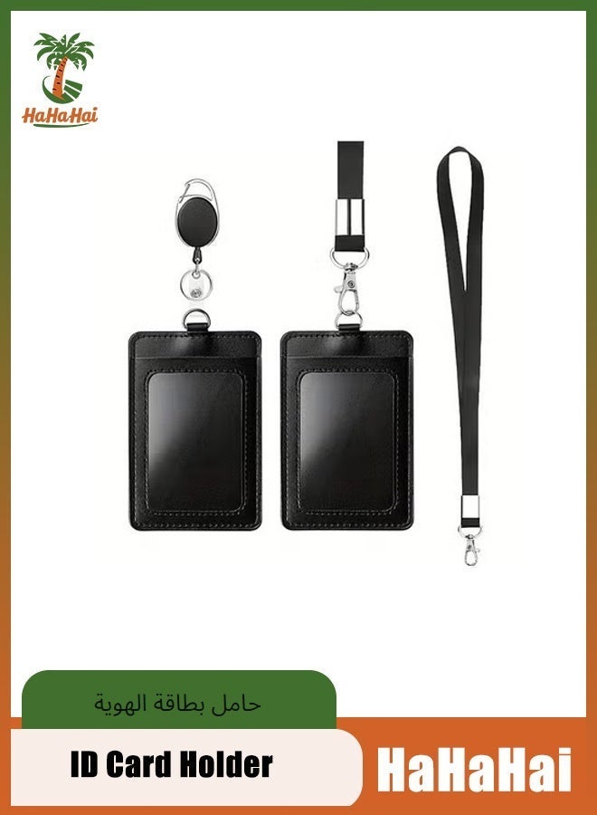 HaHaHai 2 Piece ID Card Holder, with Lanyard and Retractable Badge Reel Clip, Unisex Leather ID Badge Holder Set for Work School and Metro Card - Image 2