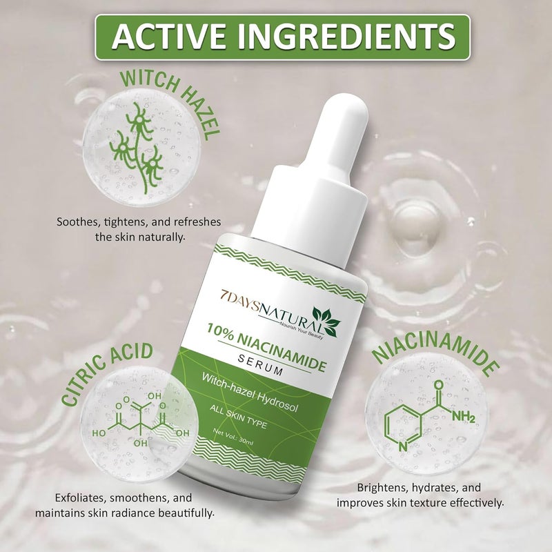 7 Days 7DAYSNATURAL 10 Niacinamide Serum with Witch Hazel Reduces Acne Marks Dark Spots Balances Oil Face Serum for Men Women30 Ml - Image 4