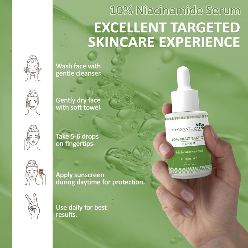 7 Days 7DAYSNATURAL 10 Niacinamide Serum with Witch Hazel Reduces Acne Marks Dark Spots Balances Oil Face Serum for Men Women30 Ml - Image 3