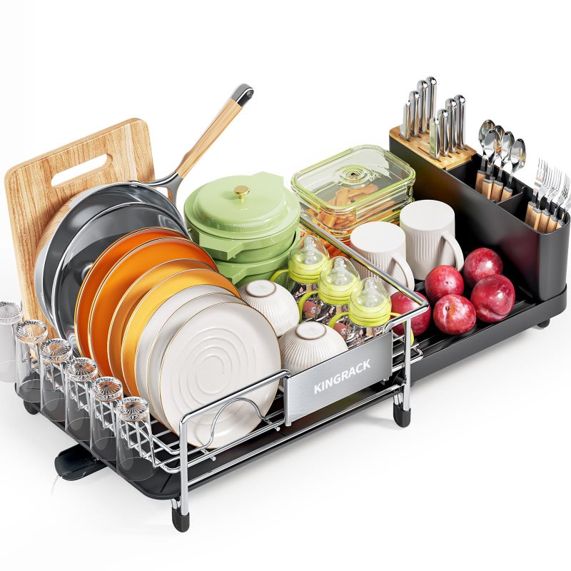 KINGRACK Dish Drainer Rack Stainless Steel Dish Drying Rack Expandable Kitchen Dish Rack Large Capacity Draining Board Rack with 360 Swivel Spout Black
