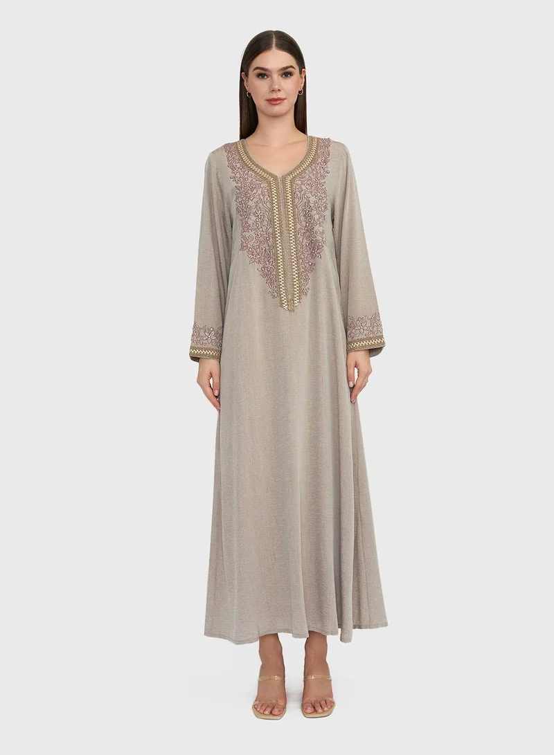 KASHKHA Mocha Brown Solid Beads and Thread Embroidered Jalabiya (VG2457)