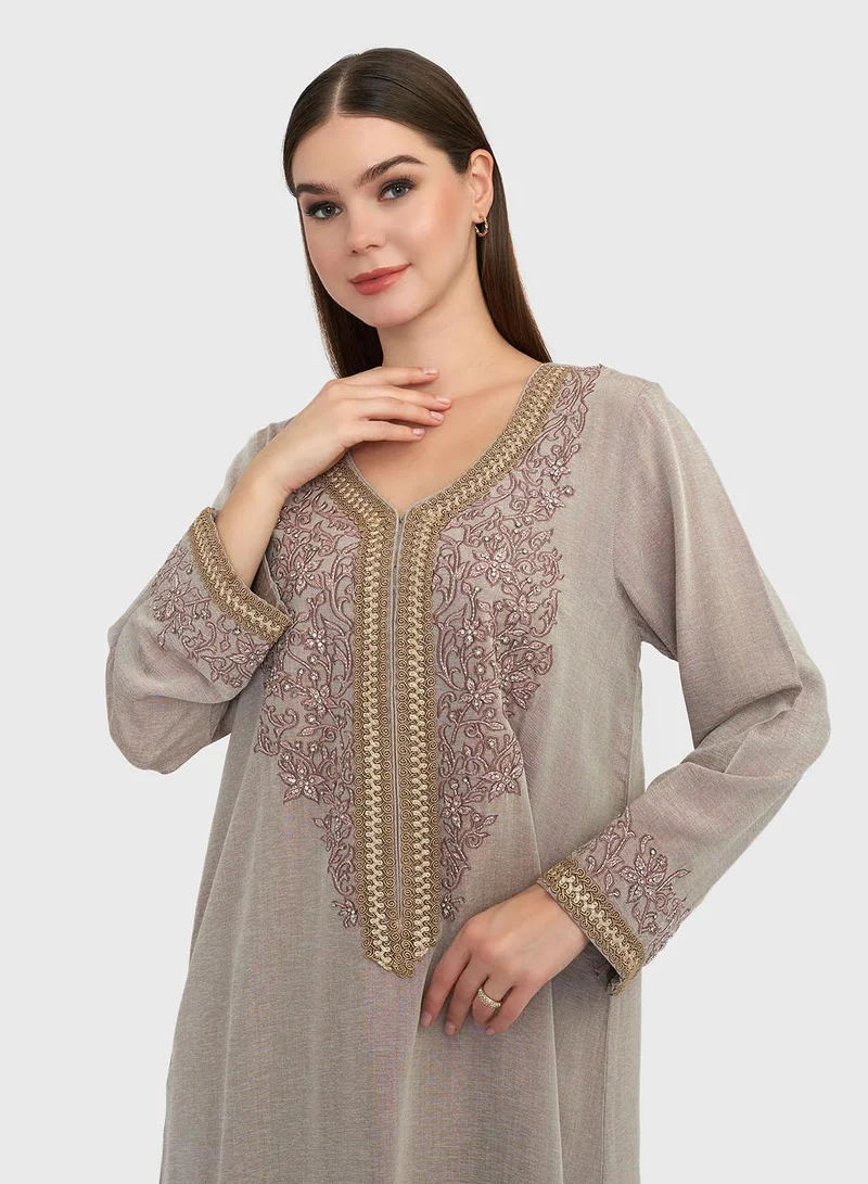 KASHKHA Mocha Brown Solid Beads and Thread Embroidered Jalabiya (VG2457)