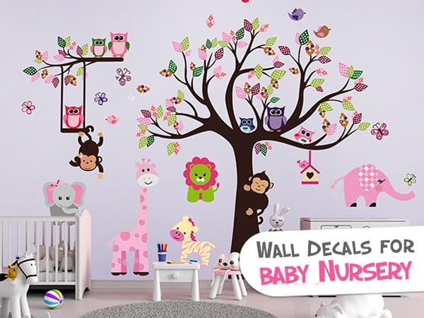 DEKOSH Pink Jungle Baby Nursery Wall Decal Peel & Stick Colorful Owl Giraffe Lion Animal Wall Stickers for Kids Room - Image 5