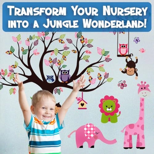 DEKOSH Pink Jungle Baby Nursery Wall Decal Peel & Stick Colorful Owl Giraffe Lion Animal Wall Stickers for Kids Room - Image 4