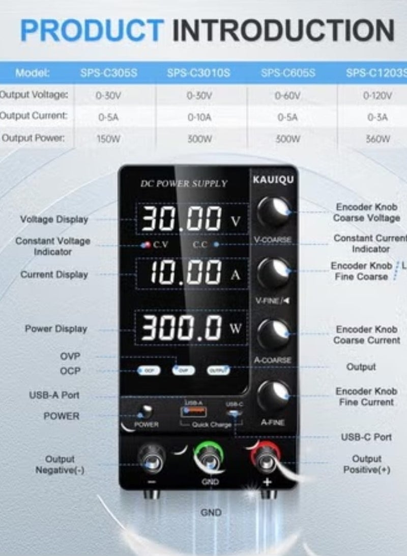 KUAIQU SPS-C3010 DC Regulated Power Supply 30V10A 300W Adjustable from 0-30V And 0-10A, Suitable for Laboratory Use, Battery Charging, Mobile Phones, Computers, Circuit Board Repairs, And Electroplating.  - Image 4