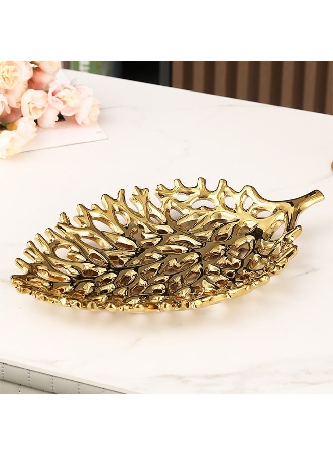 1 Piece Ceramic Decorative Tray - Leaf Pattern Hollow Design, Suitable for Living Room and Dining Room Decoration, Luxury Decorative Tray, Fruit Plate - Image 1