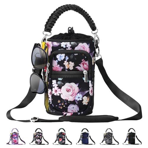 AceTreker Neoprene One Gallon Water Bottle Sleeve with 5 Pockets & Paracord Handle, 128 oz Metal Water Jug Bottle Pouch Sling Bag with Adjustable Strap for Walking, Sport-Black Flower - Image 1