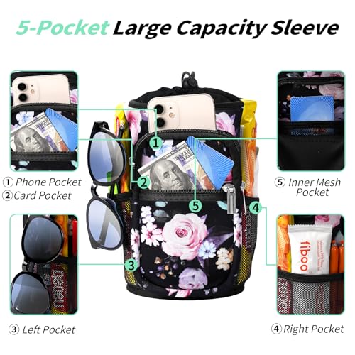 AceTreker Neoprene One Gallon Water Bottle Sleeve with 5 Pockets & Paracord Handle, 128 oz Metal Water Jug Bottle Pouch Sling Bag with Adjustable Strap for Walking, Sport-Black Flower - Image 2