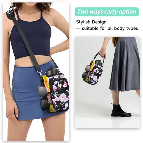 AceTreker Neoprene One Gallon Water Bottle Sleeve with 5 Pockets & Paracord Handle, 128 oz Metal Water Jug Bottle Pouch Sling Bag with Adjustable Strap for Walking, Sport-Black Flower - Image 5