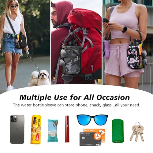 AceTreker Neoprene One Gallon Water Bottle Sleeve with 5 Pockets & Paracord Handle, 128 oz Metal Water Jug Bottle Pouch Sling Bag with Adjustable Strap for Walking, Sport-Black Flower - Image 3