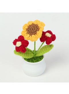 Bukela Small Knitted Sunflower with Red Double Puffs Artificial Potted Plant Teacher's Day and Graduation Gift 