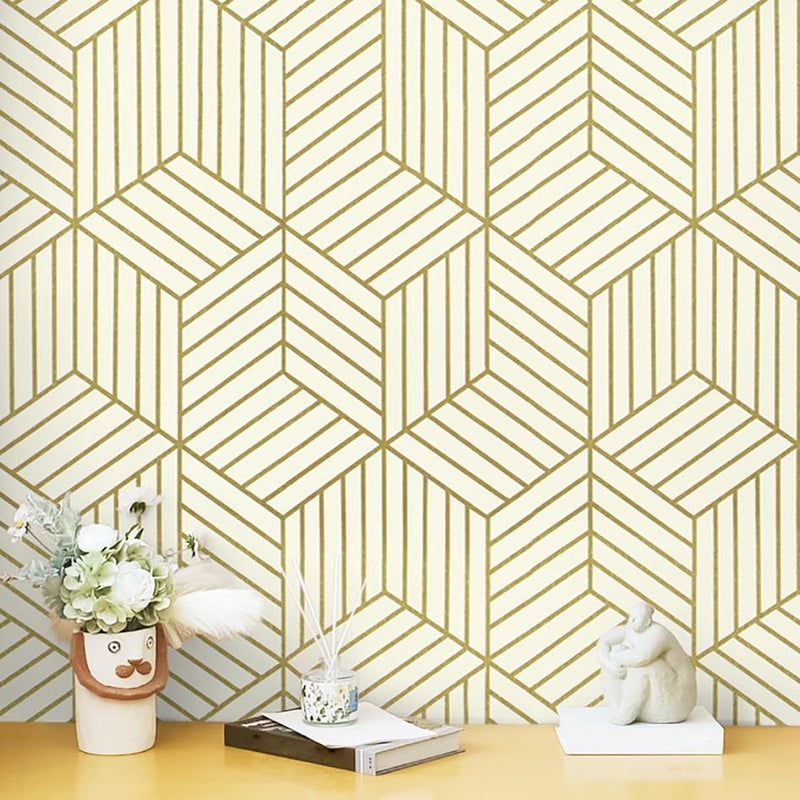 CiCiwind Beige and Gold Peel and Stick Wallpaper Gold Striped Hexagon Contact Paper Removable Self Adhesive Wall Paper Geometric Waterproof Vinyl for Wall Cabinet Shelf Drawer Decor 157x472