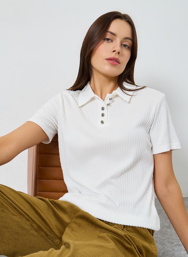 Styli White Ribbed Short Sleeve Polo T-Shirt - Image 1