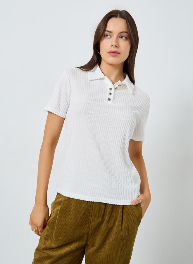 Styli White Ribbed Short Sleeve Polo T-Shirt - Image 3
