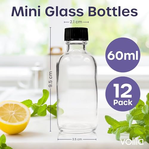STORE 2508 12Pcs Small Clear Glass Bottles (60ml) with Lids & 3 Stainless Steel Funnel, Sticker Labels, Markers & Cleaning Brush - Leakproof Round Bottles - Image 2