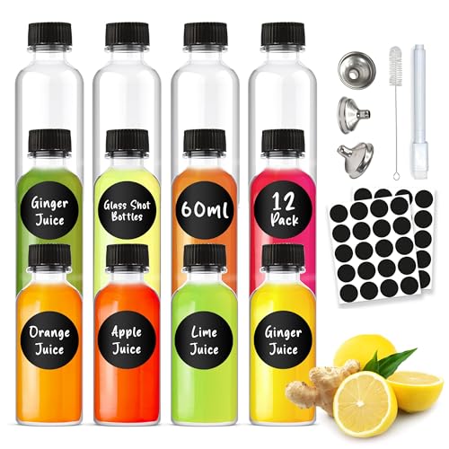 STORE 2508 12Pcs Small Clear Glass Bottles (60ml) with Lids & 3 Stainless Steel Funnel, Sticker Labels, Markers & Cleaning Brush - Leakproof Round Bottles - Image 1