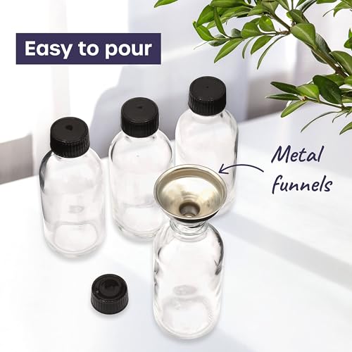 STORE 2508 12Pcs Small Clear Glass Bottles (60ml) with Lids & 3 Stainless Steel Funnel, Sticker Labels, Markers & Cleaning Brush - Leakproof Round Bottles - Image 4
