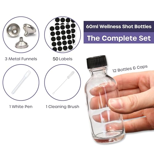 STORE 2508 12Pcs Small Clear Glass Bottles (60ml) with Lids & 3 Stainless Steel Funnel, Sticker Labels, Markers & Cleaning Brush - Leakproof Round Bottles - Image 3