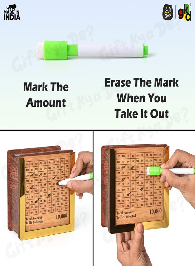 Gift Kya De صندوق توفير نقود خشبي من GKD للبالغين بسعر ١٠٠٠٠ روبية، حصالة نقود مع قلم للأطفال من الجنسين، صندوق نقود، حصالة نقود خشبية، حصالة مزخرفة بنقوش، صندوق توفير نقود بقيمة ١٠٠٠٠ روبية - Image 4
