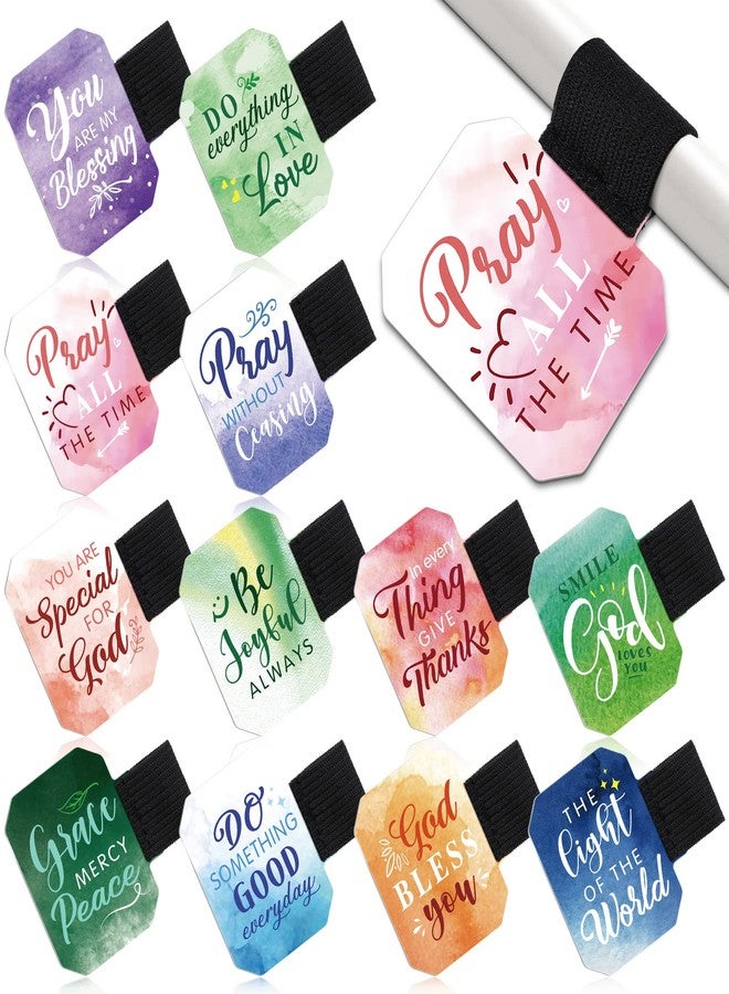 Woanger 12 Pack Pen Loop Holder Self Adhesive Pencil Clip Bulk with Inspirational Quote Elastic Loop Designed for Notebook Journals Calendars Bible Gifts for School Office Supplies - Image 1