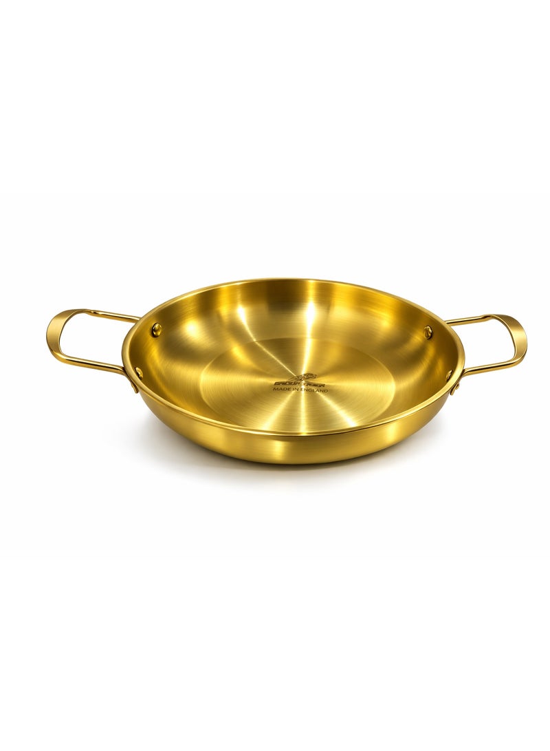Premium Shallow Metal Food Serving Bowl / Cooking Pan Kadai Wok with Double Handles - Gold - Image 1