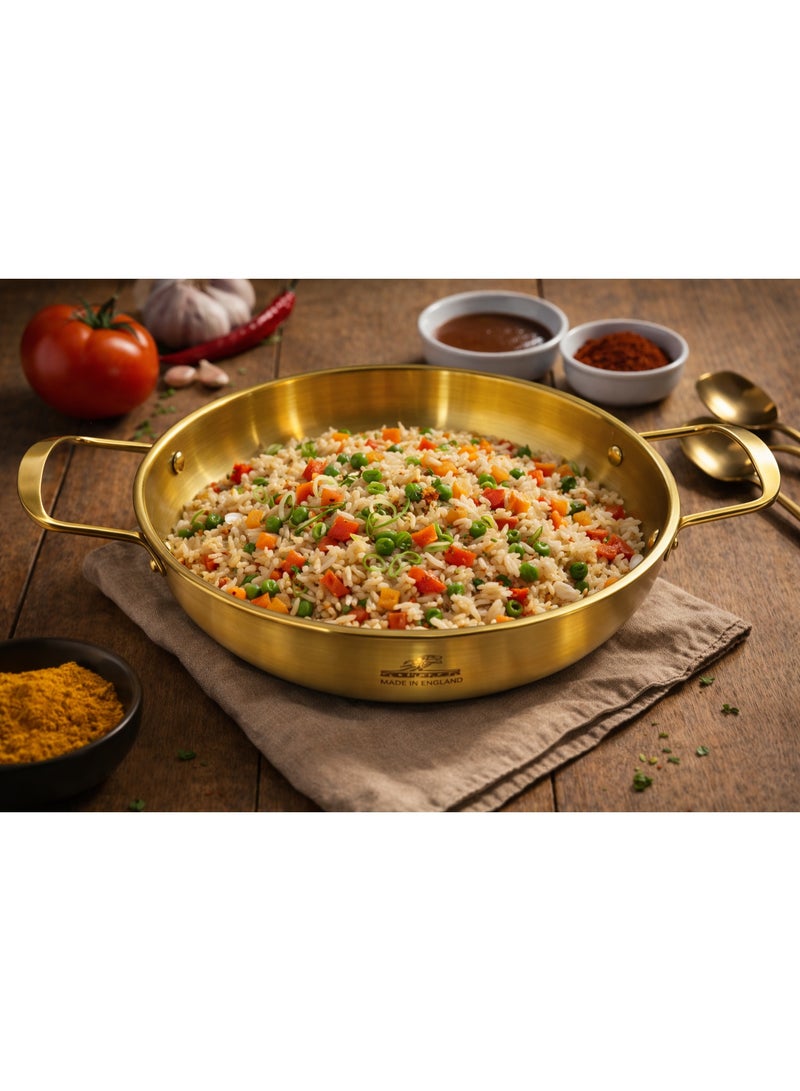 Premium Shallow Metal Food Serving Bowl / Cooking Pan Kadai Wok with Double Handles - Gold - Image 4